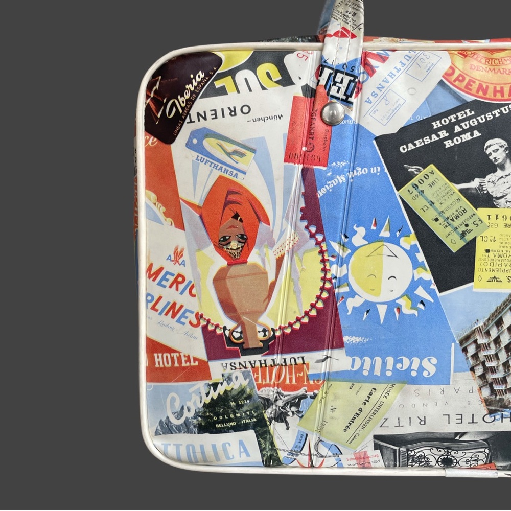 VINTAGE 60s 70s Travel Sticker Stamp Cooler Bag Luggage Style Insulated Bag - Picture 5 of 12